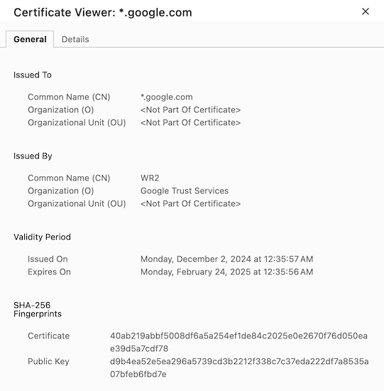 screenshot of google.com certificate details